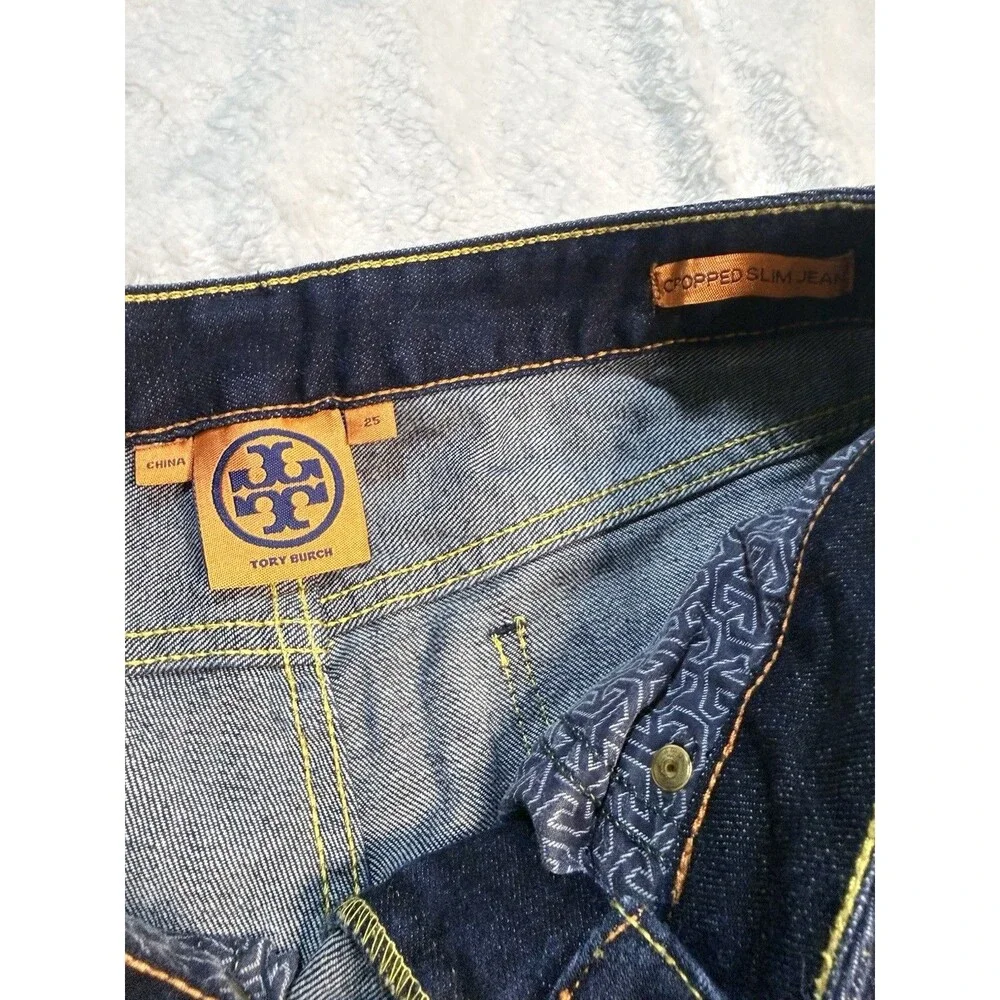 Tory Burch Women's Cropped Slim Dark Wash Low Rise Jeans Size 25 Denim Zip Hem